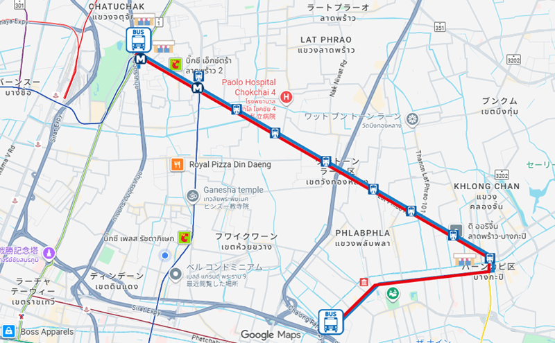 バンコクのバス182番のルートマップ